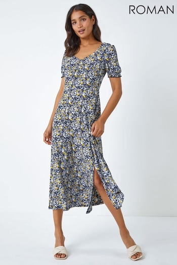 Roman Blue Ditsy Floral Ruched Maxi Dress (Q65076) | £42
