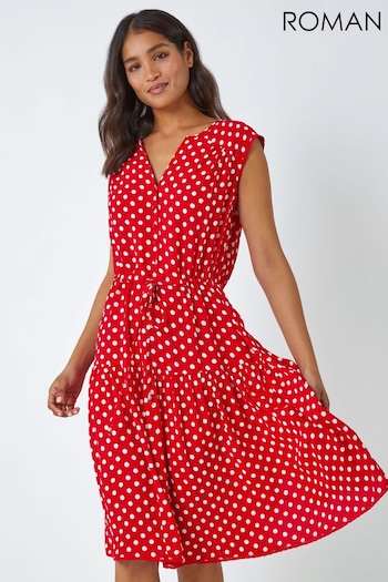 Roman Red Polka Dot Print Sleeveless Dress (Q65087) | £40