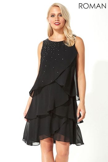 Roman Black Originals Embellished Frill Swing Dress (Q65089) | £48