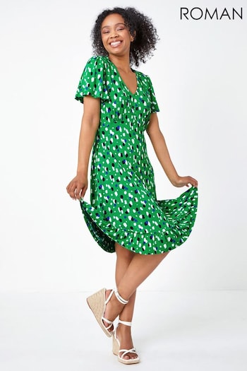 Roman Green Petite Spot Stretch Tea Dress (Q65091) | £38