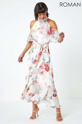 Roman White Floral Frill Detail Halterneck STOREEZ Dress (Q65097) | £65