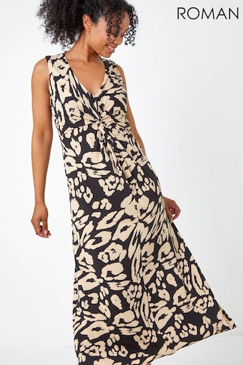 Roman Black Petite Animal Print Twist Maxi Dress (Q65116) | £48