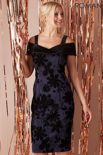 Roman Blue Originals Floral Flock Cold Shoulder Dress (Q65143) | £55