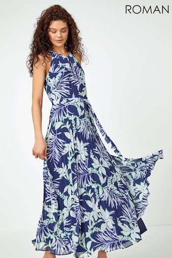 Roman Blue Floral Chiffon Halter Neck Maxi Dress (Q65147) | £70