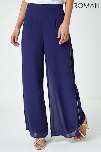 Roman Blue Diamante Embellished Side Split Chiffon Trousers (Q65154) | £45