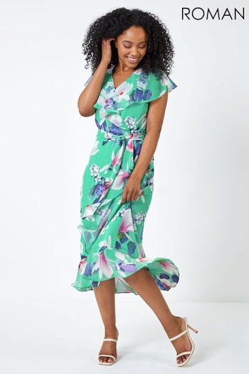 Roman Green Petite Floral Frill Hem Chiffon Dress (Q65166) | £55