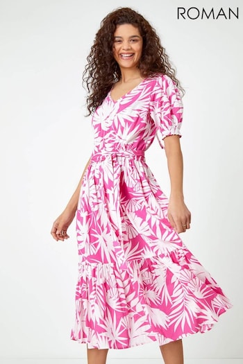 Roman Pink Floral Print Tiered Midi Dress (Q65168) | £45