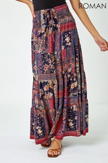 Roman Red Boho Floral Shirred Waist Maxi Skirt (Q65182) | £35