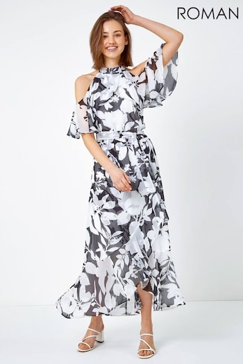 Roman Black Floral Cold Shoulder Chiffon Maxi Dress (Q65185) | £65