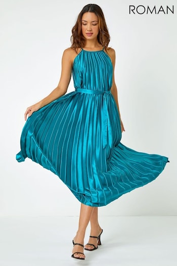 Roman Blue Pleated Sleeveless Midi Dress (Q65188) | £65
