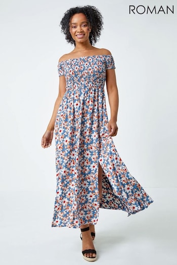 Roman Blue Floral Off The Shoulder Maxi Dress (Q65202) | £38