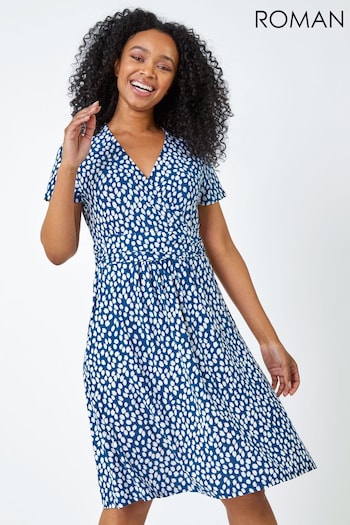 Roman Blue Petite Spot Print Wrap Dress (Q65210) | £42