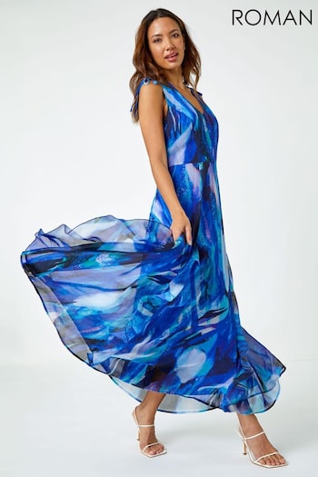 Roman Blue Floral Print Frill Detail Maxi Dress (Q65240) | £60