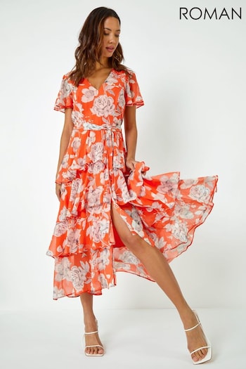 Roman Orange/White Floral Print Tiered Frill Midi Dress (Q65256) | £65