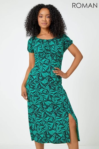 Roman Green Petite Leaf Print Midi Dress (Q65270) | £36
