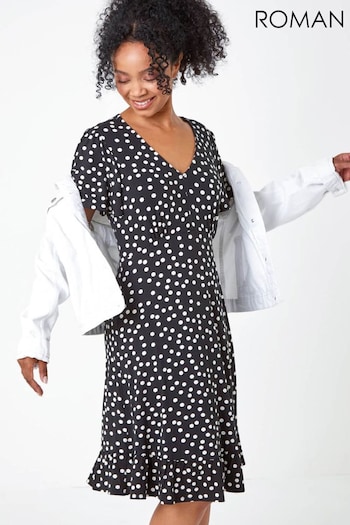 Roman Black Petite Polka Dot Stretch Tea Dress Avec (Q65349) | £38
