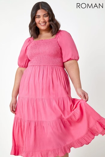 Roman Pink Curve Shirred Tiered Midi Dress (Q65358) | £45