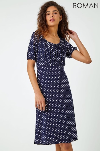 Roman Blue Chrome Polka Dot Print Stretch Dress (Q65369) | £36