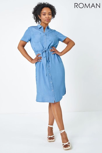 Roman Blue Petite Tie Waist Denim Shirt Dress (Q65370) | £40