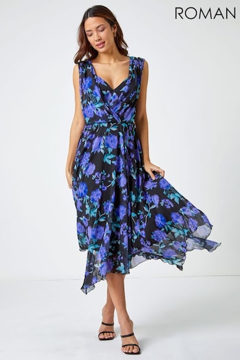 Roman Black Sleeveless Floral Chiffon Midi Dress (Q65392) | £70