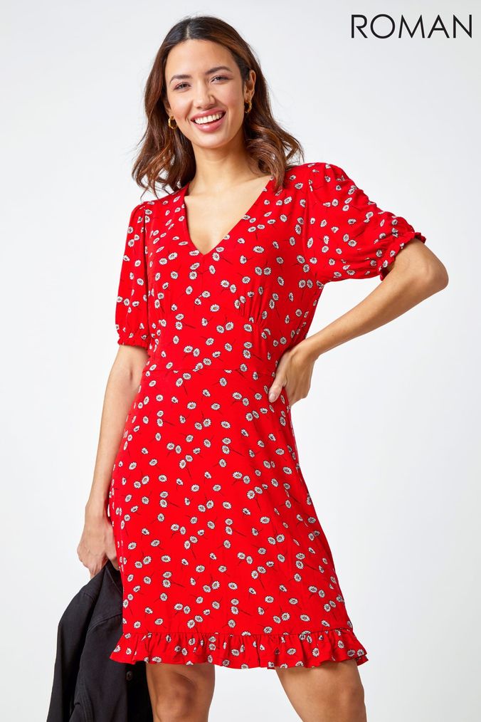 Red floral tea dress discount