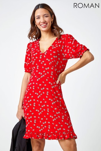Roman Red Floral Print Frill Tea Dress (Q65397) | £36