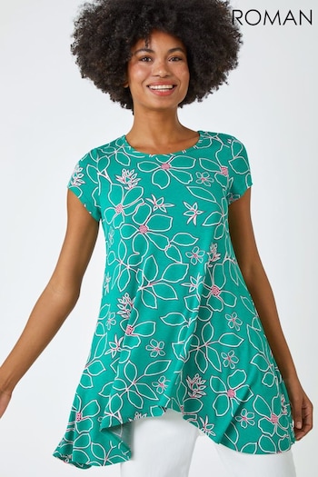 Roman Green Floral Hanky Hem Tunic Top (Q65407) | £26