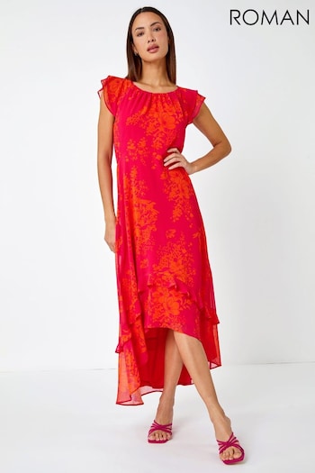 Roman Pink Floral Print Frill Detail Midi Dress (Q65410) | £58