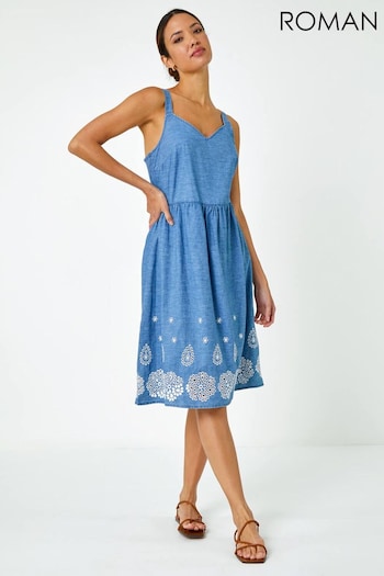 Roman Blue Cotton Denim Look Broderie Industry Dress (Q65412) | £42