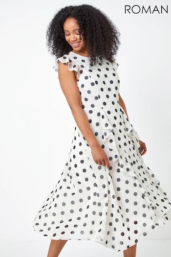 Roman White Petite Polka Dot Ruffle Midi Dress (Q65419) | £55