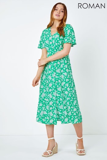 Roman Green Floral Print Buttoned Midi Dress (Q65427) | £42