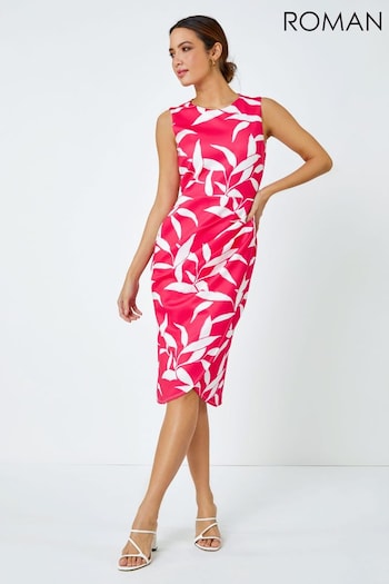 Roman Pink Leaf Print Ruched Shift Dress (Q65430) | £55