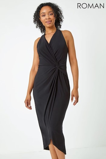 Roman Black Petite Halter Neck Twist Wrap Dress (Q65433) | £42