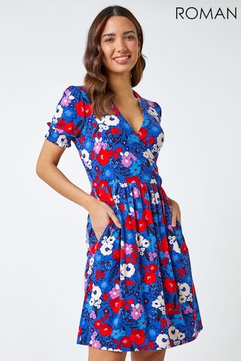 Roman Blue Floral Frill Sleeve Wrap Dress (Q65455) | £40