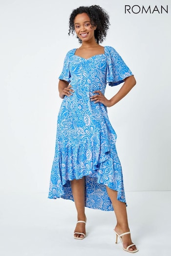 Roman Blue Petite Floral Print Ruched Midi Dress (Q65464) | £55