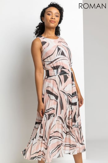 Roman Pink Petite Abstract Print Pleated Maxi Dress (Q65474) | £65