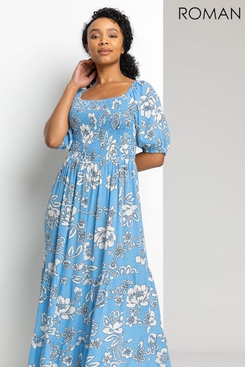 Roman Blue Petite Floral Print Shirred Bodice Maxi Dress (Q65481) | £45