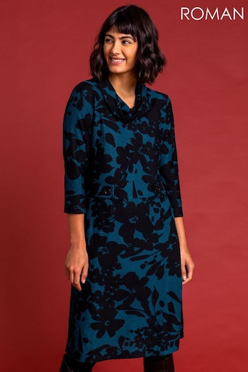 Roman Blue Floral Print Cowl Neck Dress (Q65483) | £38