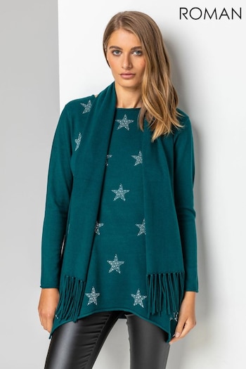 Roman Green Star Print Knitted Tunic with Tassel Scarf (Q65491) | £40