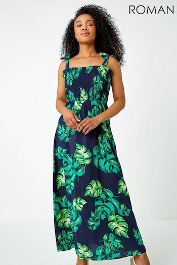 Roman Blue Tropical Print Shirred Maxi Dress (Q65496) | £45