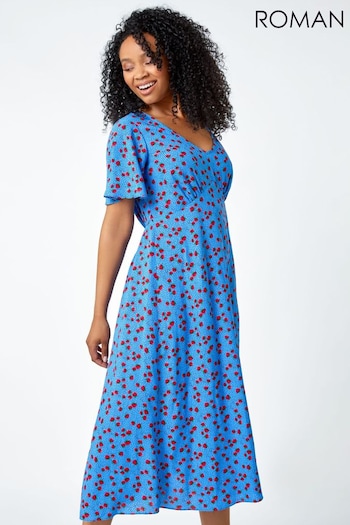 Roman Blue Petite Strawberry Print Midi Tea Dress code (Q65501) | £40