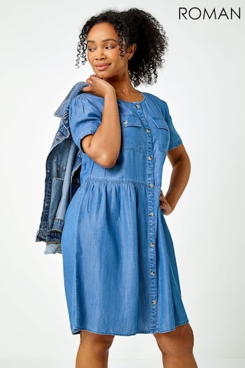 Roman Blue Petite Pocket Denim Skater Dress (Q65502) | £40