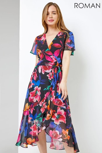 Roman Black Petite Floral Frill Detail Wrap Dress (Q65507) | £45