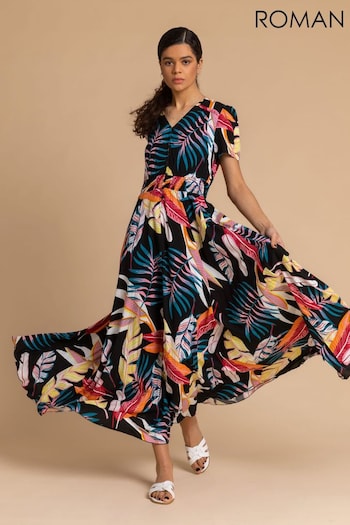 Roman Black Tropical Palm Shirred Waist Maxi Dress (Q65543) | £48