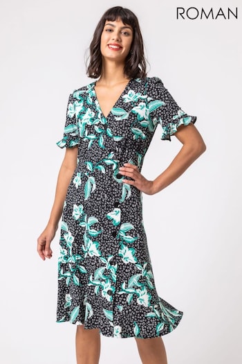 Roman Black Floral Side Button Tea Dress (Q65568) | £40