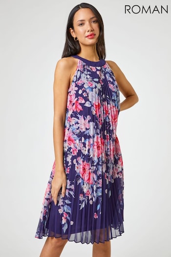 Roman Blue High Neck Floral Print Pleated Swing Dress (Q65576) | £65