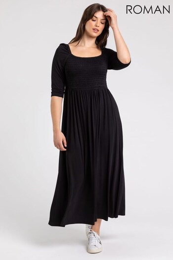 Roman Black Curve Plain Shirred Jersey Midi Dress (Q65580) | £38