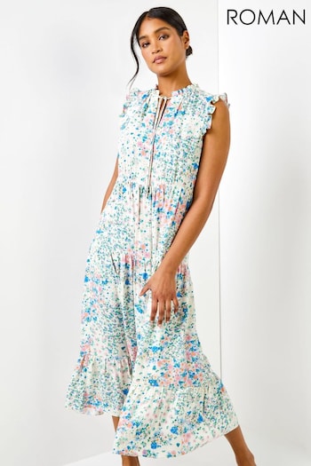 Roman White/Blue Ditsy Floral Print Frill Detail Maxi Dress (Q65587) | £38