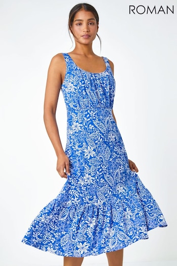 Roman Blue Floral Frill Hem Stretch Midi Dress (Q65588) | £38