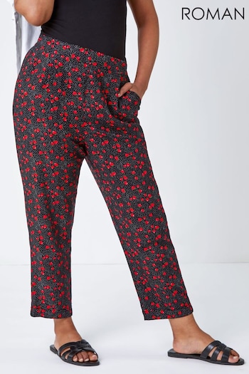 Roman Black Petite Floral Tapered Stretch Trousers (Q65591) | £30